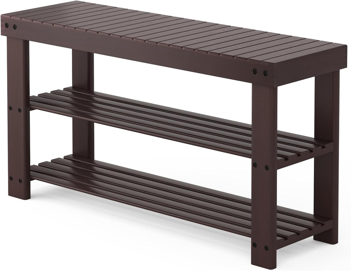 dumos wooden shoe rack bench, 3-tier bamboo entryway, main product view