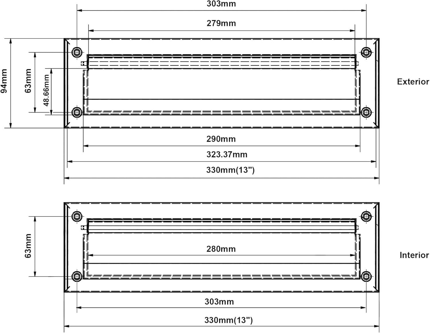 khtumeware Matte Black 13 inch 1-Pack Solid Brass Mail Slot with Solid Brass Internal Frame is Well Made Door Mail Slots