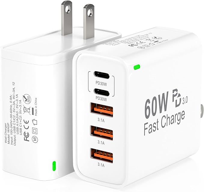 2Pack USB C Fast Charger Block, Total 60W 5-Port USB C Wall Charger 30W Type C by Unknown