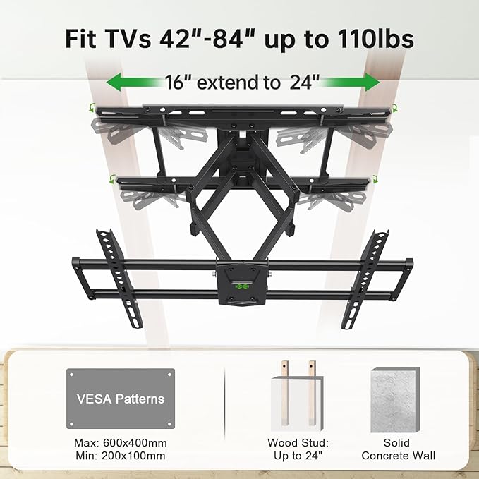 USX Mount Full Motion TV Wall Mount 42"-84" TVS, Fits 16" 18" or 24" Studs - Image 2