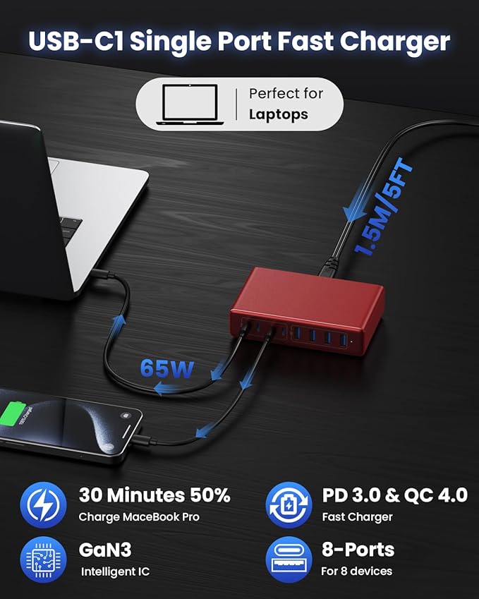 200W USB C Charger Block, 8-Ports GaN III Fast Charging Station Hub, QC4.0+PD - Image 6