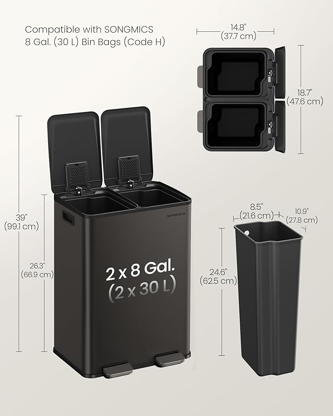 SONGMICS Trash Can, 2 x 8 Gallon Dual-Compartment Garbage Can - Image 6