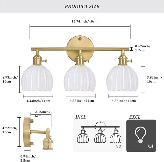 Shenmoyl Bathroom Light Fixtures, 3-Light Brass Vanity Wall Light Over Mirror - Image 4