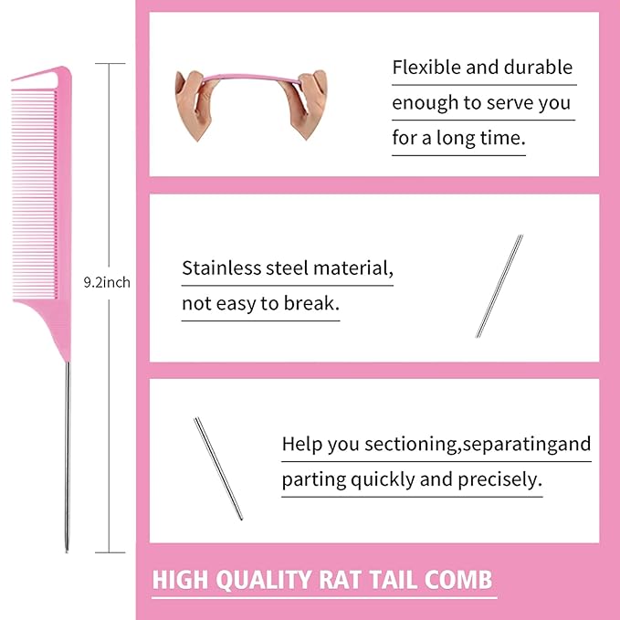 Goiple Hair Styling Brush Set, 12 Pieces Nylon Teasing Hair Brush Rat Tail Comb - Image 3