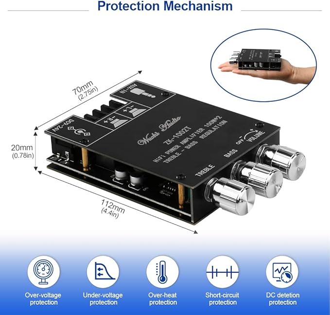 ZK-1002T Bluetooth Amplifier Board 2.0CH 100W*2 Mini Audio AMP - Image 6