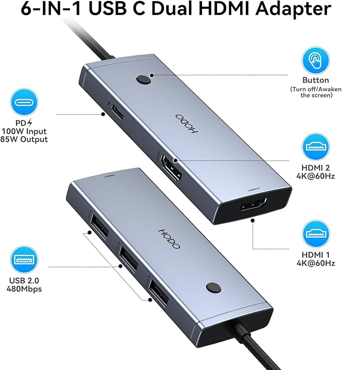HODO Docking Station to Dual HDMI Monitors Adapter USB C to Dual HDMI Adapter - Image 2