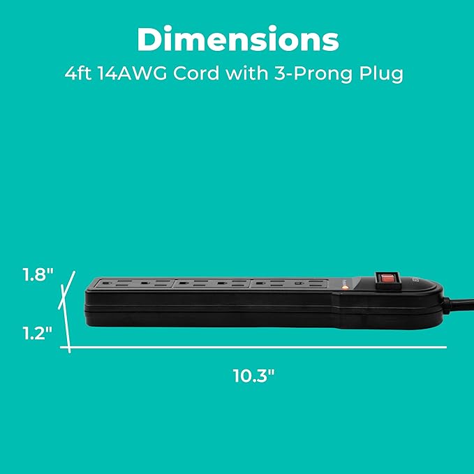 KMC 6-Outlet Surge Protector Power Strip 2-Pack, 900 Joules, 4-Foot Extension - Image 3