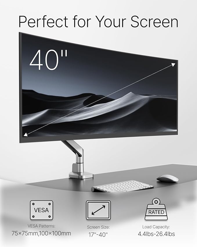 monTEK Deluxe Monitor Arm up to 40 Inch Holds 26.4 lbs Curved Screens Aluminum - Image 3