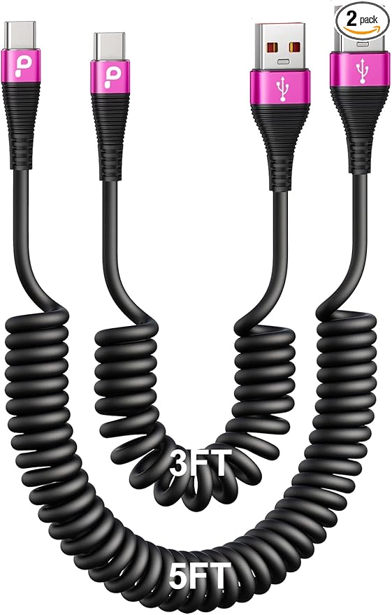 Coiled USB A to USB C Cable for Car, 3FT/5FT USB C Cable Fast Charging by PRAKIE