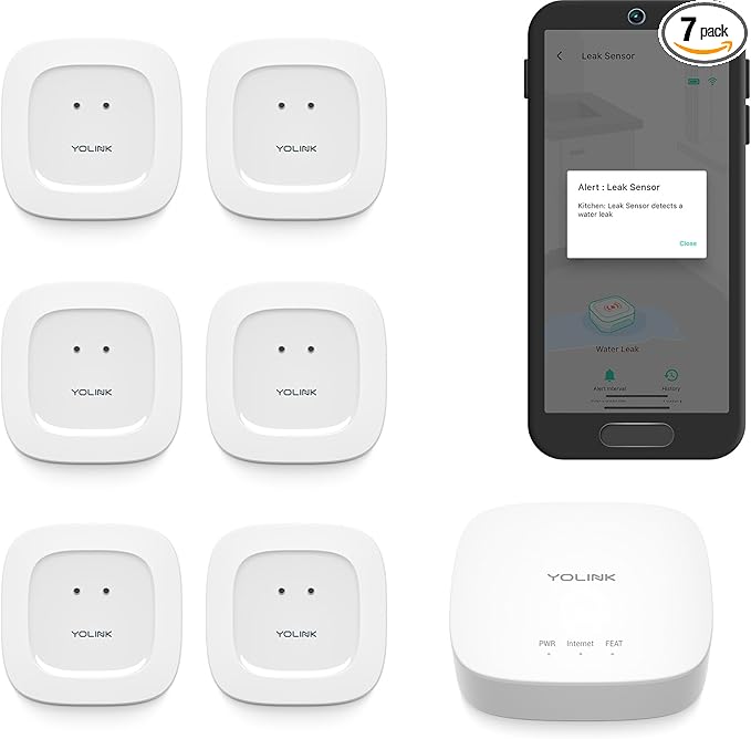YoLink Water Leak Starter Kit: Hub + 6 Leak Sensor 1, LoRa Long-Range, by YoLink