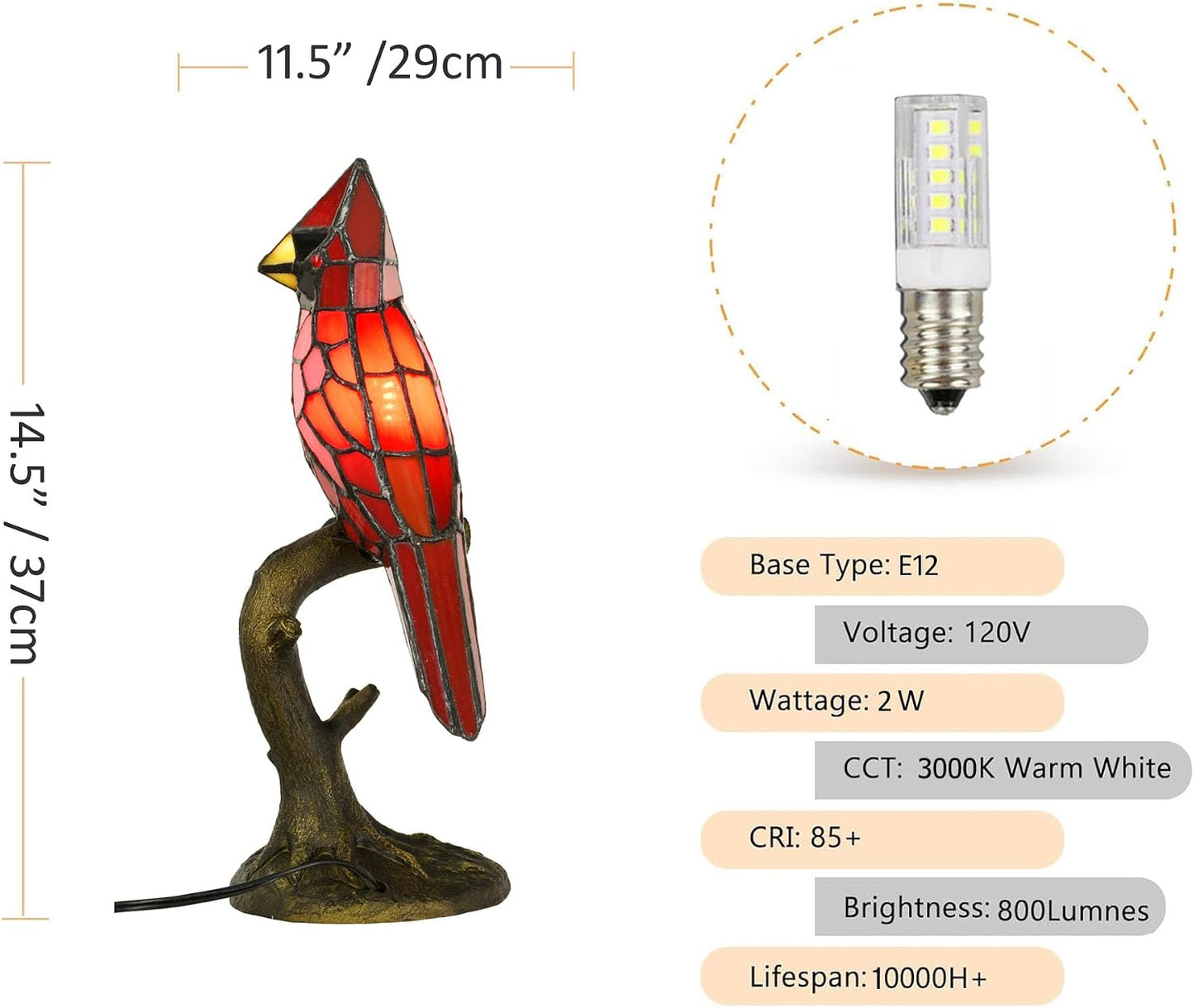 A0011 Cardinal Tiffany Style Table Lamp Handmade Stained Glass Red Bird Lamp in Height 14.5" Overall for Bedside Livingroom Bedroom Home, Memorial Gifts, LED Bulb Included (Red Cardinal)