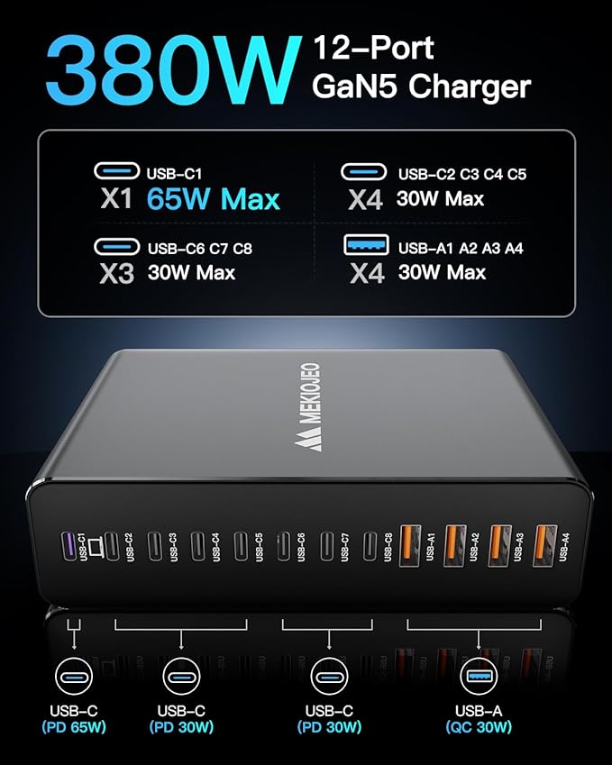 Aluminum Alloy 380W Charging Station Fast USB C Charger Block 12 Ports 65W - Image 4