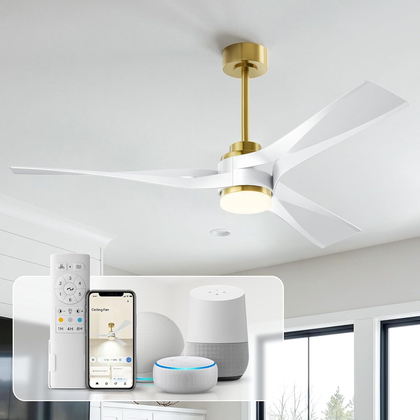 56 inch Modern Smart Ceiling Fan with Light, Gold White Outdoor Ceiling Fans for Patios with Alexa/Google/App and Remote Control, 3 Blade DC High CFM for Indoor Bedroom/Living Room/kitchen Ceiling Fan
