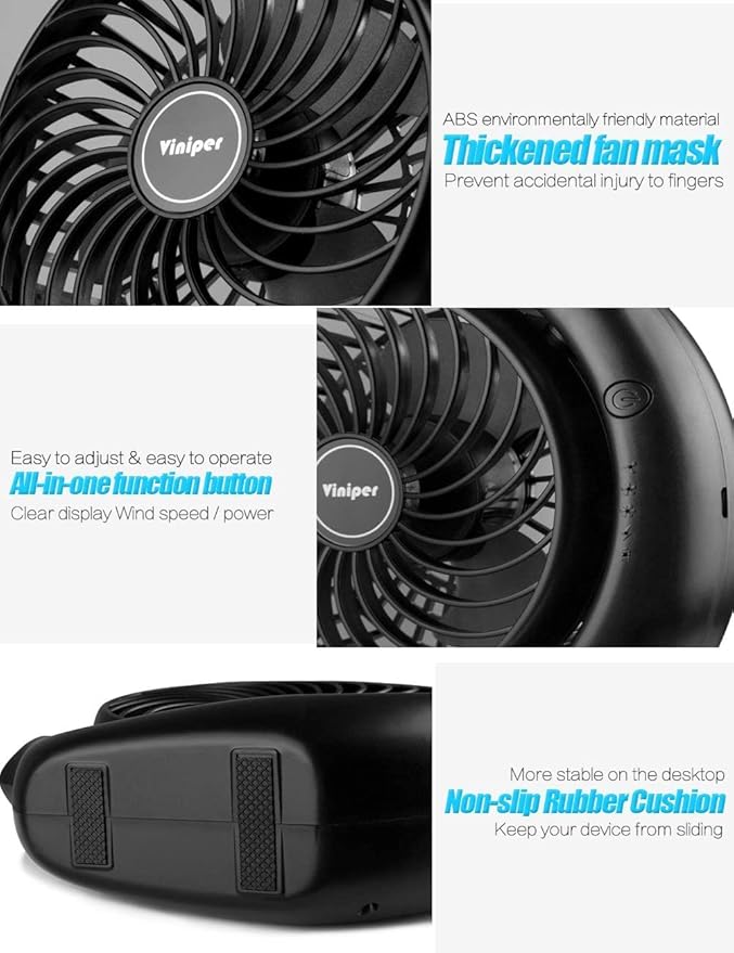 Viniper Portable Rechargeable Fan, Small Desk Fan : 3 Speeds & 8-24 Hours - Image 4