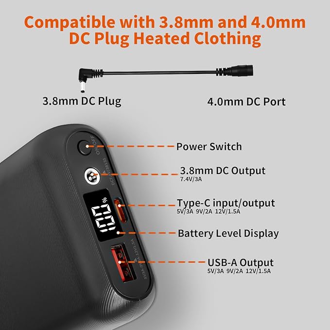 Heated Vest Battery Pack, 16000mAh 7.4V Compact Power Bank Repaclement - Image 3