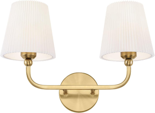 2-Light Brushed Gold Bathroom Vanity Light, Pleated Fabric Shade | 17" 2-light gold double wall sconce with white pleated fabric shades, E26 bulbs, hardwired, upward only, VL837-BG-Z-2