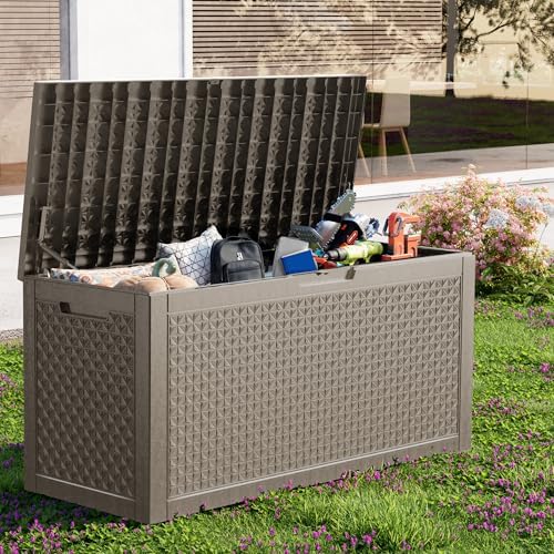outdoor waterproof resin storage deck box lockable outside shown in use