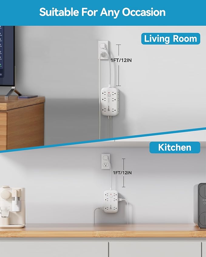 Flat Outlet Extender with 12 Inch Cord, Surge Protector Flat Plug Extension - Image 2