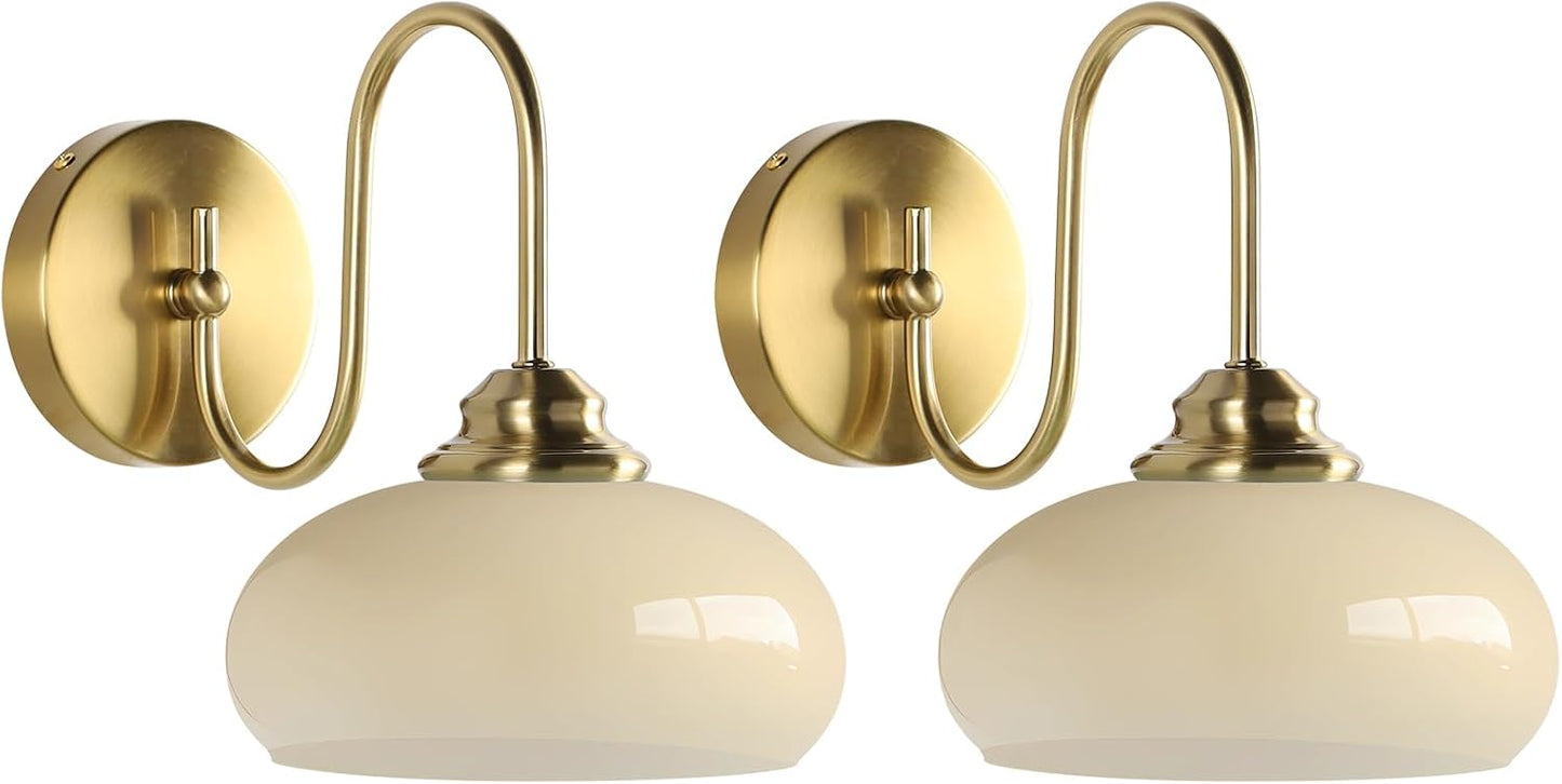 KCO Brass Gold 7.9” Vintage Cream Yellow Dome Glass Wall Sconces Set of 2 | E26 Base Hardwired, Up/Down Mounted, Mid Century Modern Gooseneck Wall Lamp for Bathroom Vanity Bedroom Hallway Entryway Bar