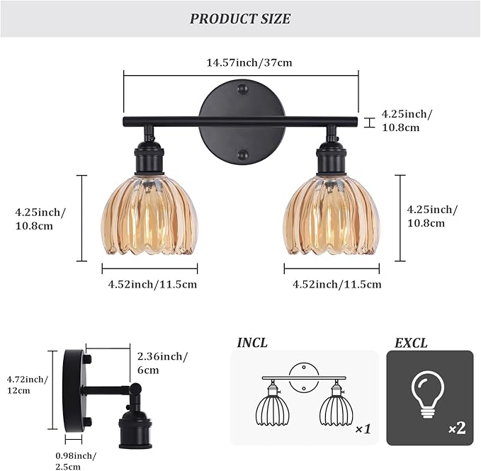 Shenmoyl Bathroom Light Fixtures, 2-Light Black Vanity Wall Light Over Mirror - Image 5