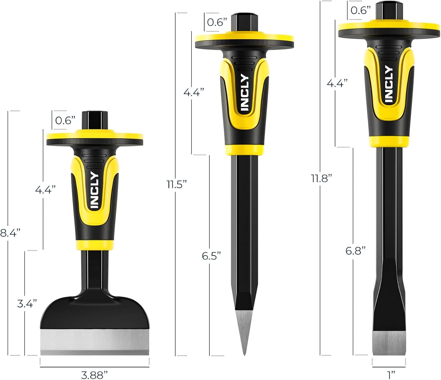 INCLY 3PCS Masonry Chisel Set with Hand Guard, Stone and Rock Chisel | Heavy Duty Concrete Chisel Tools, Including 11 Inch Point & Flat Chisel, 8 Inch Brick Chisels for Breaking Splitting Cutting