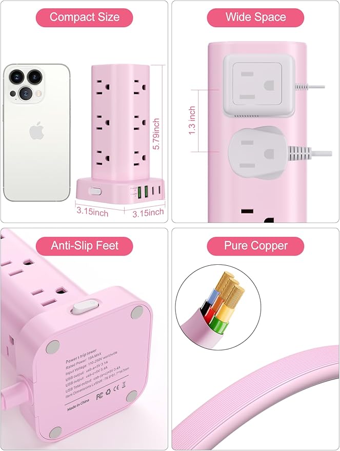 Power Strip Tower with Multiple Outlets, Flat Plug Surge Protector Tower - Image 6