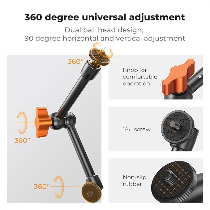 K&F CONCEPT 9.8" Magic Arm, 1/4" Screw Camera Mount Arm 360° Ball Heads - Image 3