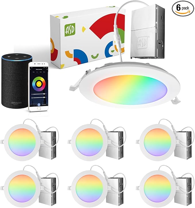 ASD 6 Pack LED Smart Recessed Lighting 6 Inch 15W, RGBW Color Changing Lights by ASDLightingCorporation
