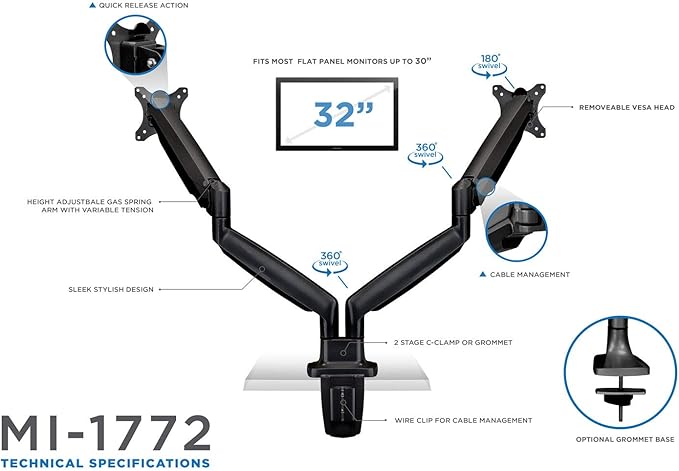 Mount-It! Dual Monitor Arm Mount | Desk Stand | Two Articulating Gas Spring - Image 4