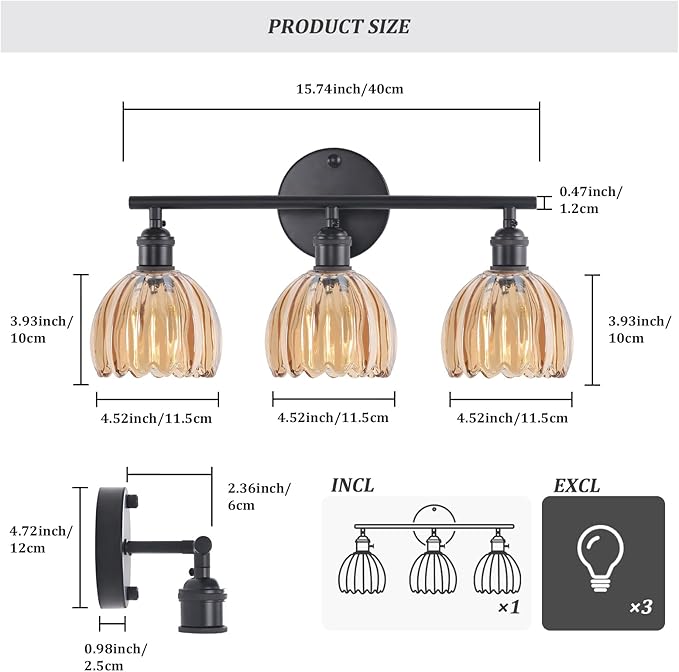 Shenmoyl Bathroom Light Fixtures, 3-Light Black Vanity Wall Light Over Mirror - Image 5