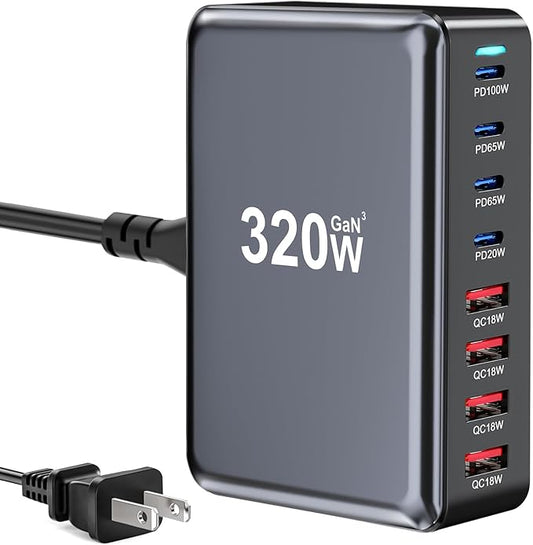 320W USB C Fast Charger Block, 8 Port USB Charging Station, GaN Ⅲ Pro 100W PD by LMSEP