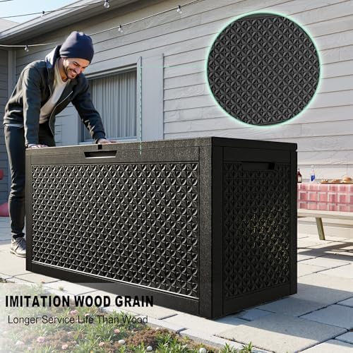 outdoor waterproof resin storage deck box lockable outside shown in use