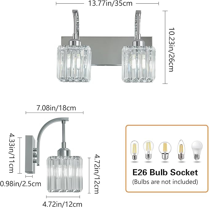 FDPBY Crystal Vanity Lights 2-Light Chrome Wall Lamp Modern Crystal Bathroom - Image 4