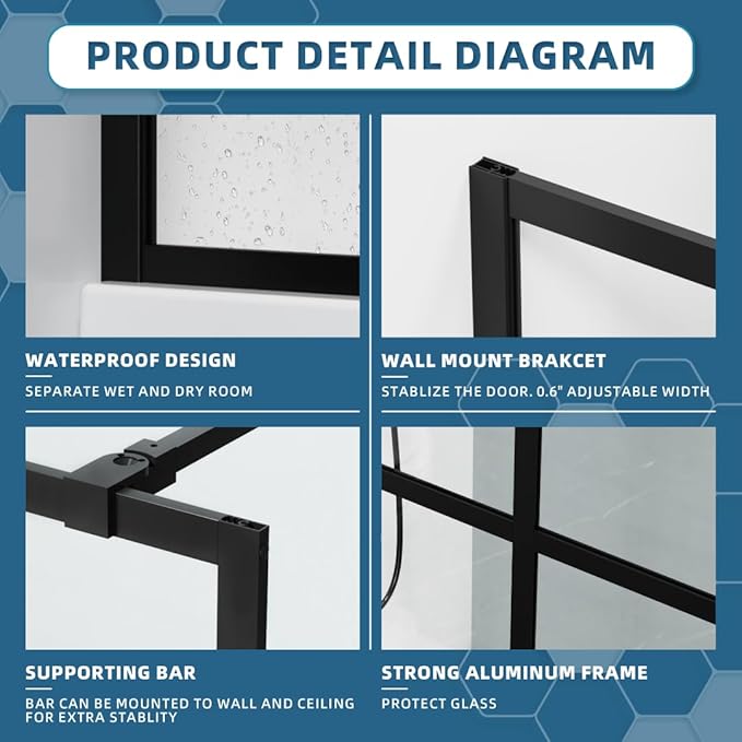 Goodyo 34" x 72" Shower Door Tempered Glass Shower Screen - Image 6