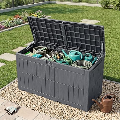 tangkula 120 gallon waterproof outdoor storage box with shown in use