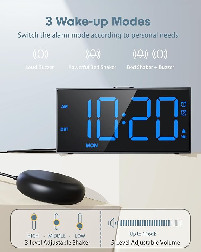 Loud Alarm Clock for Heavy Sleepers Adults, Bed Shaker Alarm Clock - Image 2