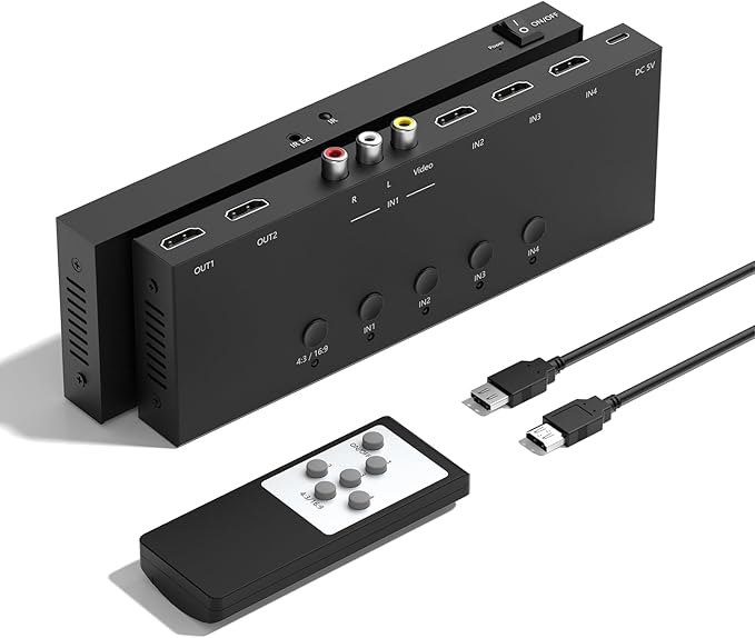 4 in 2 Out RCA/HDMI Switcher，3 Way HDMI 2.0 + 1 RCA Converter，4:3/16:9 & 2 by Arector