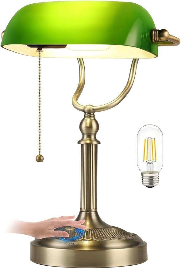 Newrays Green Glass Bankers Desk Lamp, Stepless Dimmable Table Lamp Plug in by Newrays