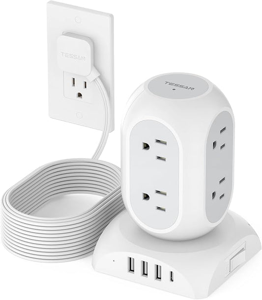 TESSAN Surge Protector Power Strip Tower, Flat Plug Extension Cord 10 Ft by TESSAN