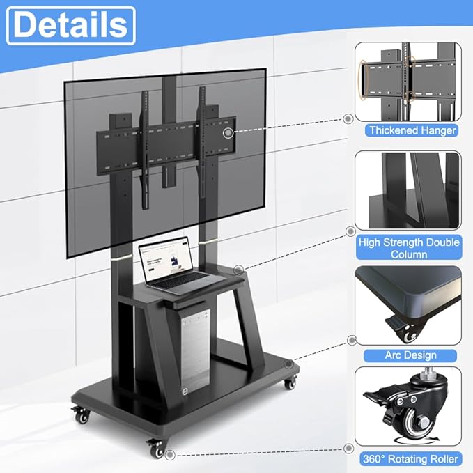 Hellsehen Mobile TV Cart, Rolling TVs Cart on Wheels Height Adjustable - Image 3