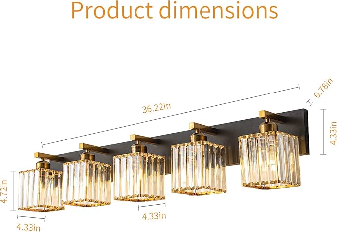 FDPBY Modern Bathroom Vanity Light 5-Lights Black Gold Crystal Bathroom Wall - Image 5