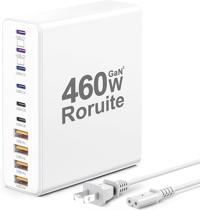 460W USB C Charger Block, 10-Port USB Charging Station GaN III PD Charger Type by Roruite