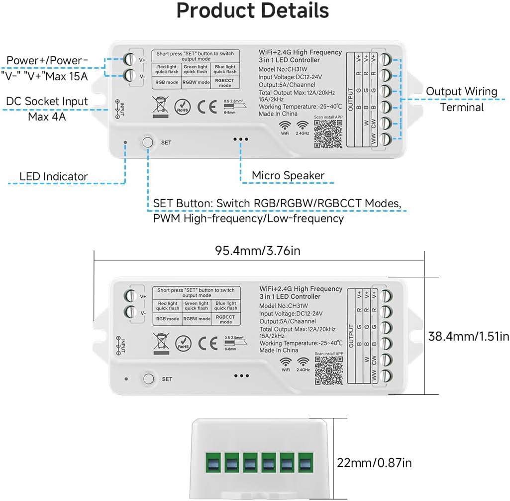 BTF-LIGHTING CH31W WiFi Bluetooth Smart RGB Controller 20kHz High Frequency PWM Dimmer for No Flicker No Buzzing RGB RGBW RGBCCT LED Strips Works with Alexa Google Home Smart Life App (No Remote)