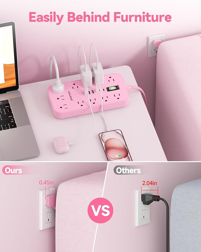 Pink Extension Cord with Multiple Outlets- 5 FT Kawaii Power Strip, Cute - Image 7