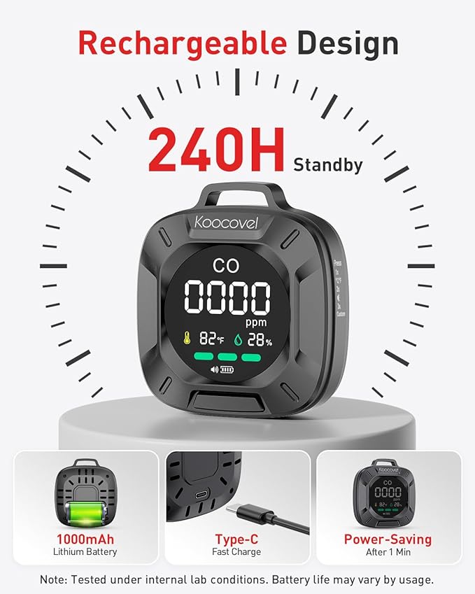 Portable Carbon Monoxide Detector Travel, Rechargeable 3-in-1 CO, Temperature & - Image 3