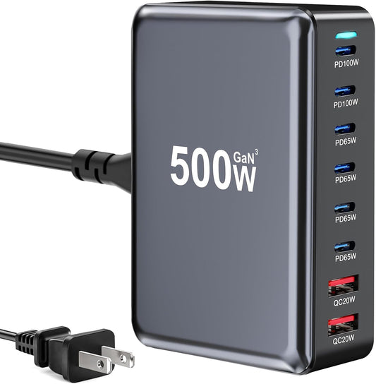 500W USB C Fast Charger Block, 8 Port USB Charging Station, GaN Ⅲ Pro Double