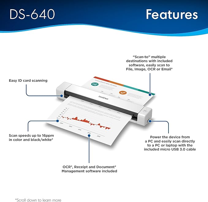 Brother DS-640 Compact Mobile Document Scanner, 1.5"x2"x11.9" - Image 3