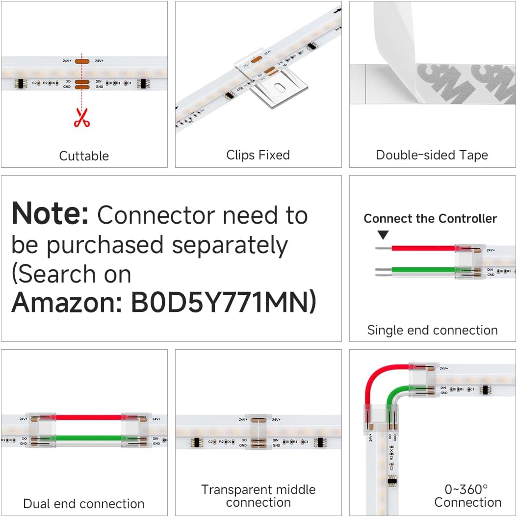BTF-LIGHTING 16.4FT WS2811 Dual IC Chasing RGBCCT DC24V COB LED Strip Light | UL Listed High Density 960LEDs/m Chasing IC RGB Light+Tunable White 3000K-6000K,12mm Width 3M Tape(No Adapter or Controller)