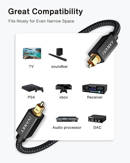 IVANKY Optical Audio Cable 6ft/1.8M, Nylon Braided, 24K Gold-Plated, Slim Metal - Image 6