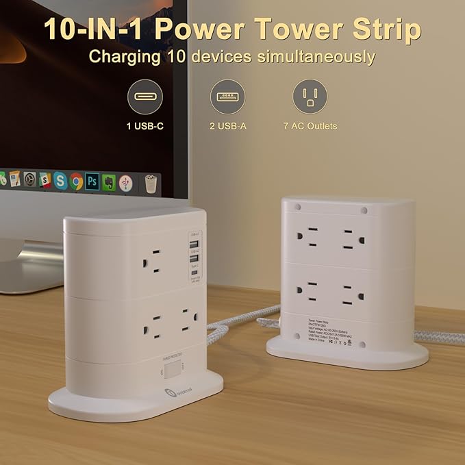 Overtop Tower Power Strip with Surge Protection, Nightlight Flat Plug Power - Image 2